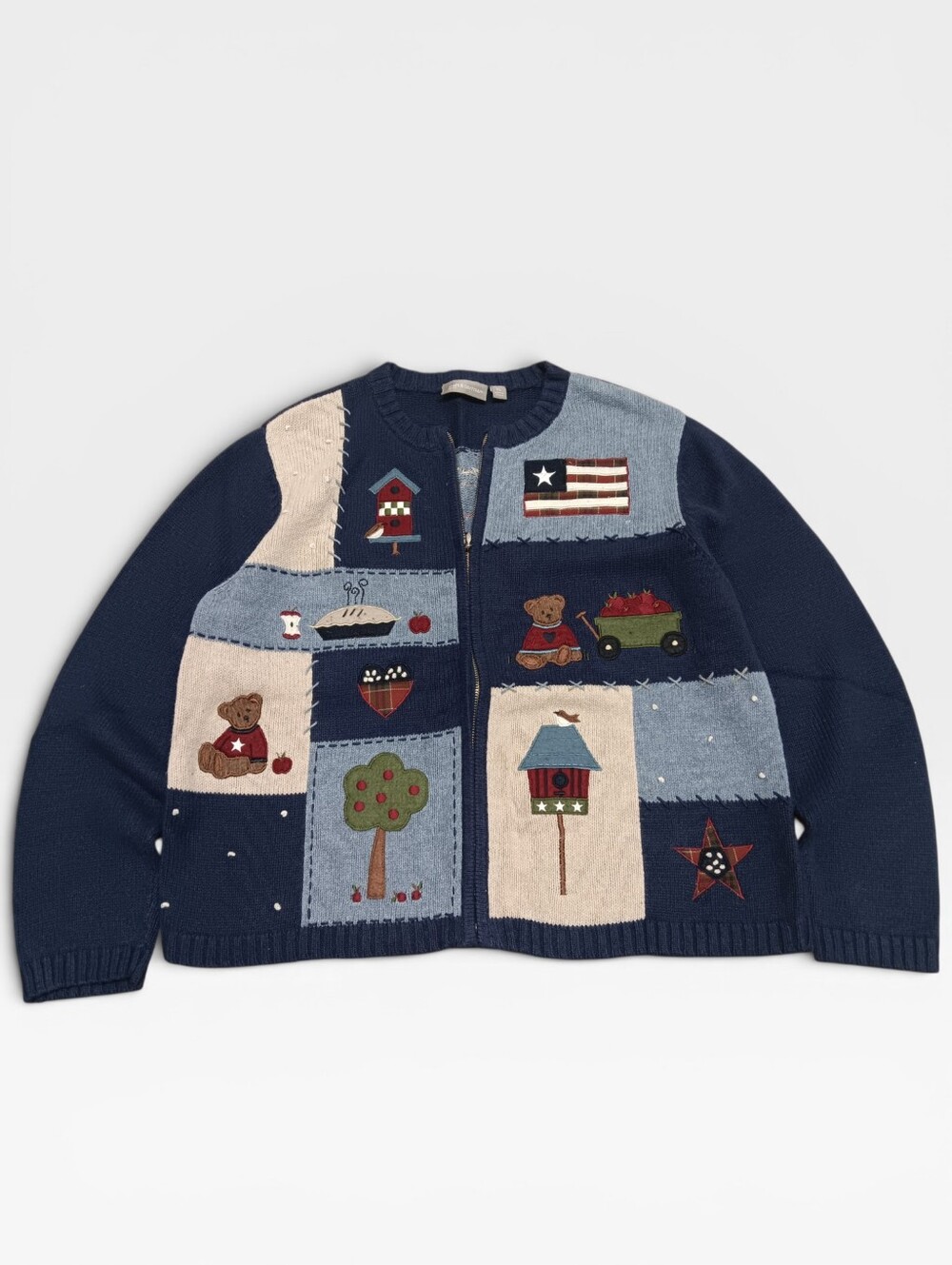 Vintage Patchwork Teddy & Americana Zip Cardigan - Petite Large
